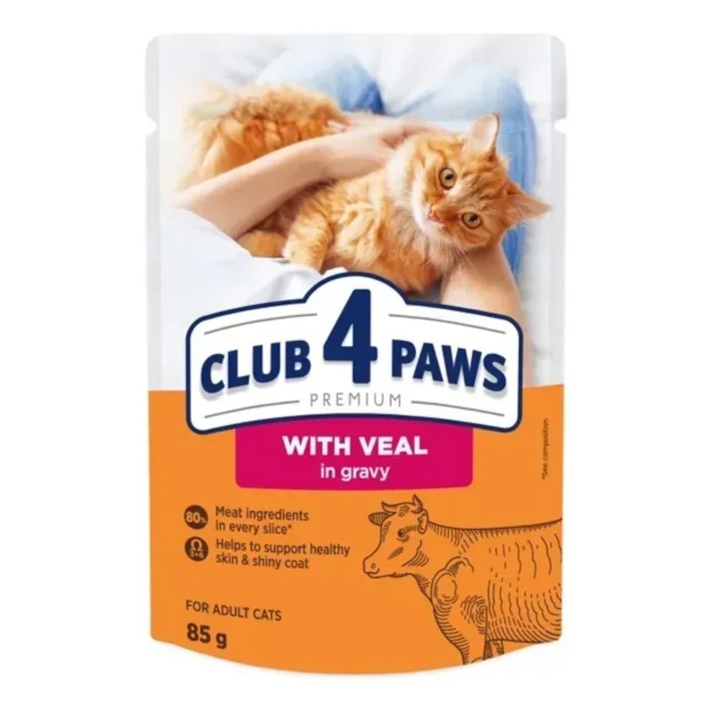 CLUB 4 PAWS Преміум З телятиною в соусі. Повнораціонний консервований корм для дорослих котів
